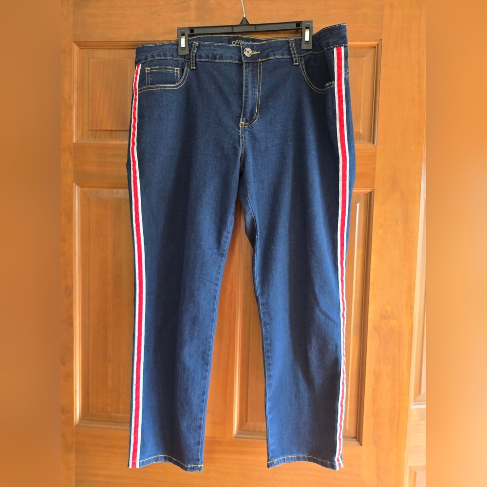 Cover Girl Slim Straight Dark Blue Jeans with Red & White Side Stripes